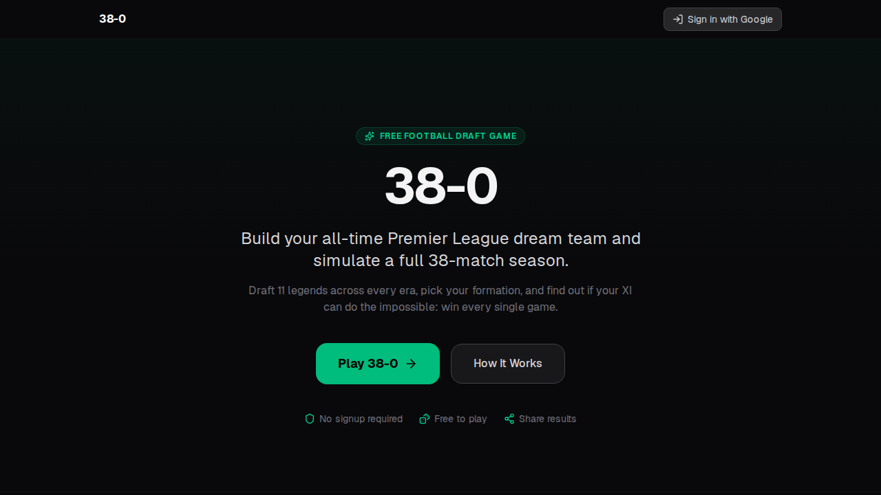 I built 38-0, a Premier League draft game with a Poisson match engine screenshot