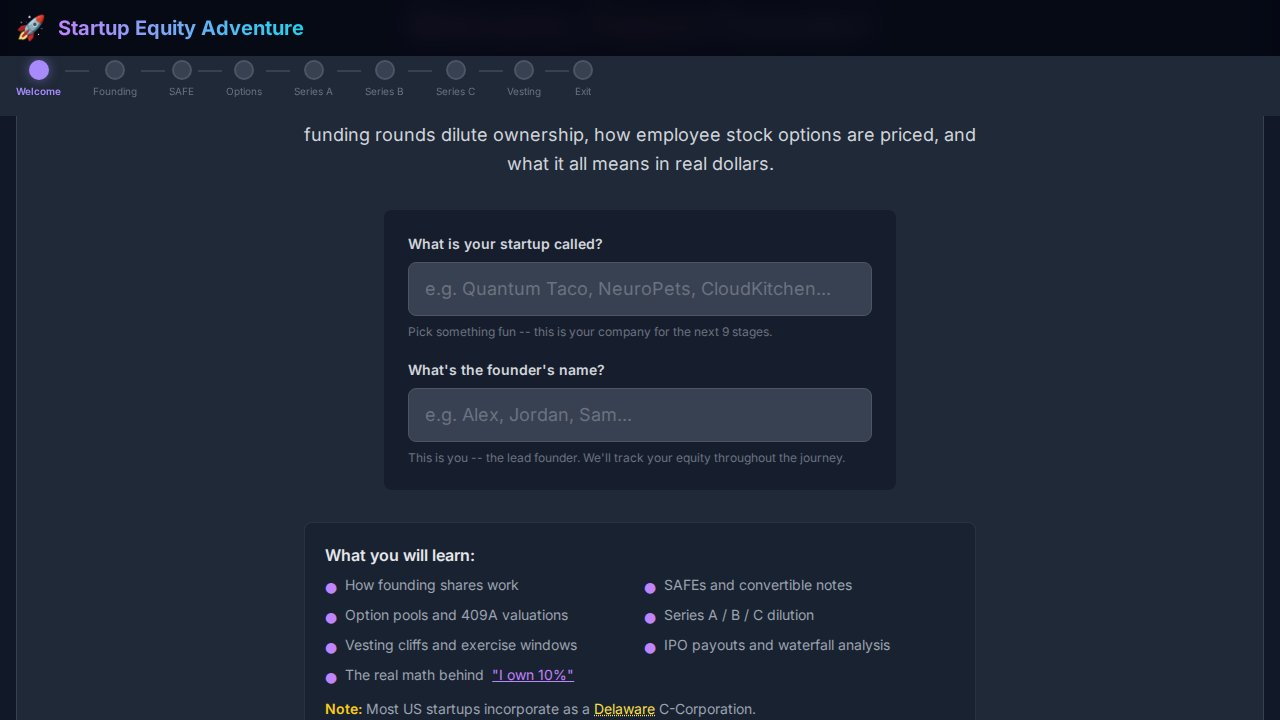 Startup Equity Adventure screenshot